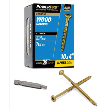 Hillman Power Pro 48604V4 wood screws packaging with screws and drill bit on a white background