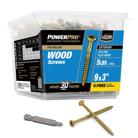 Container of Hillman Power Pro 48611V4 wood screws with a screw and drill bit on a white background