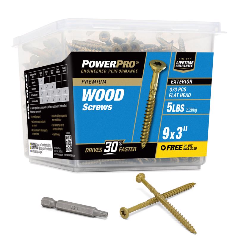 Container of Hillman Power Pro 48611V4 wood screws with a screw and drill bit on a white background