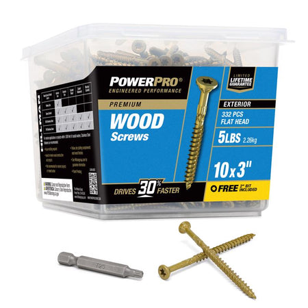 Hillman Power Pro 48613V4 wood screws packaging with screws and drill bit on a white background