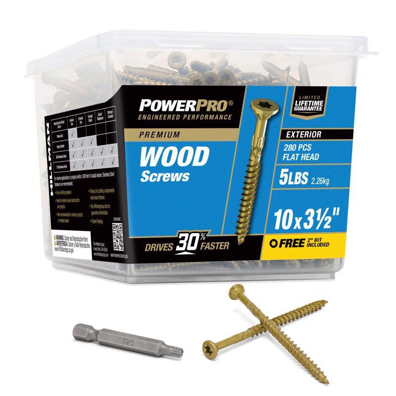 Container of Hillman Power Pro 48614V4 wood screws with screws and drill bit on a white background