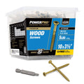 Container of Hillman Power Pro 48614V4 wood screws with screws and drill bit on a white background
