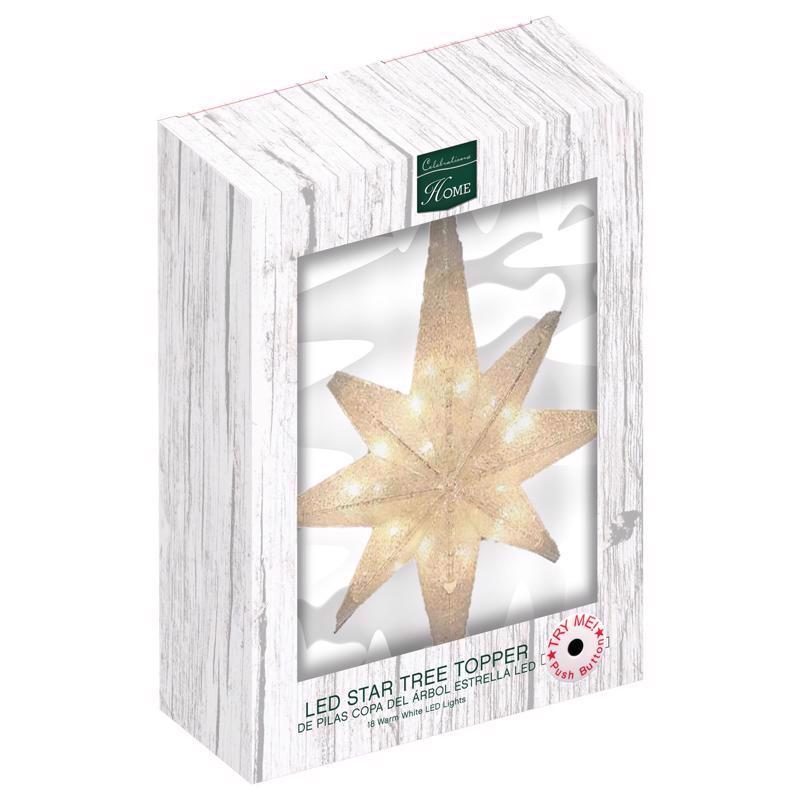 LED star tree topper packaging with a white box and clear window