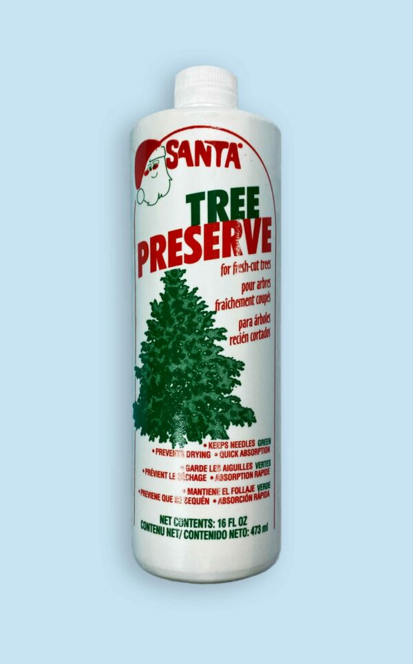 Bottle of Santa Tree Preserve on a light blue background