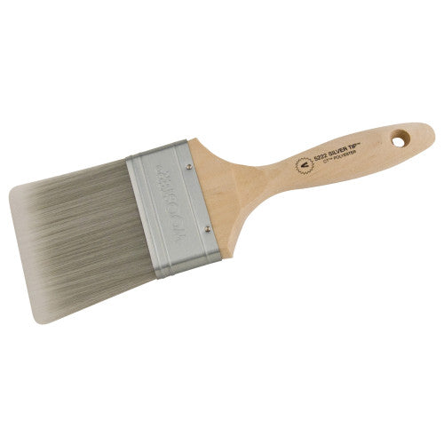 Wooster SILVER TIP Varnish The image showcases the Wooster SILVER TIP Varnish Paint Brush 5222 with its white and silver CT polyester filaments, square trim design, rust-resistant brushed steel ferrule, and birch hardwood handle.