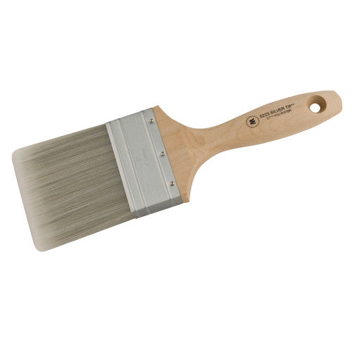 Wooster SILVER TIP Wall Brush highlights the birch hardwood handle and combination of White &amp; silver CT polyester bristles.