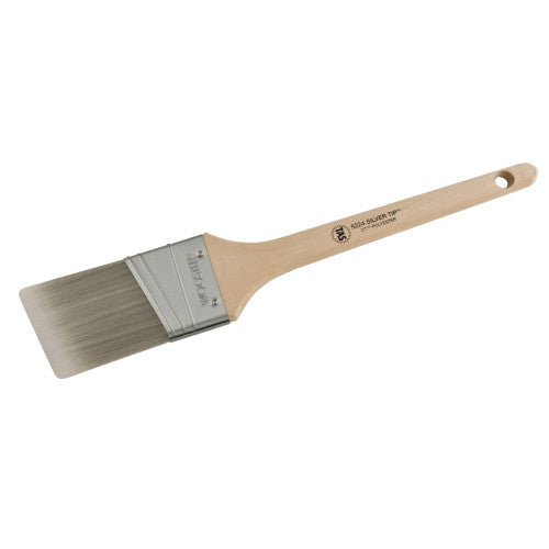 Wooster SILVER TIP Thin Angle Sash Paint Brush 5224  showcasing the  White &amp; silver CT polyester bristles and birch handle.