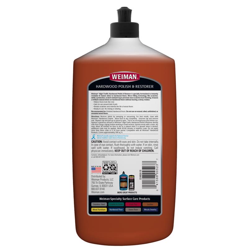 Weiman High Traffic High Gloss Hardwood Floor Polish & Restorer 32 Oz back label.