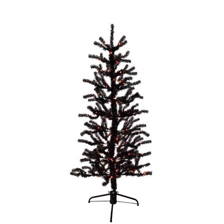 Black artificial Christmas tree with lights on a white background