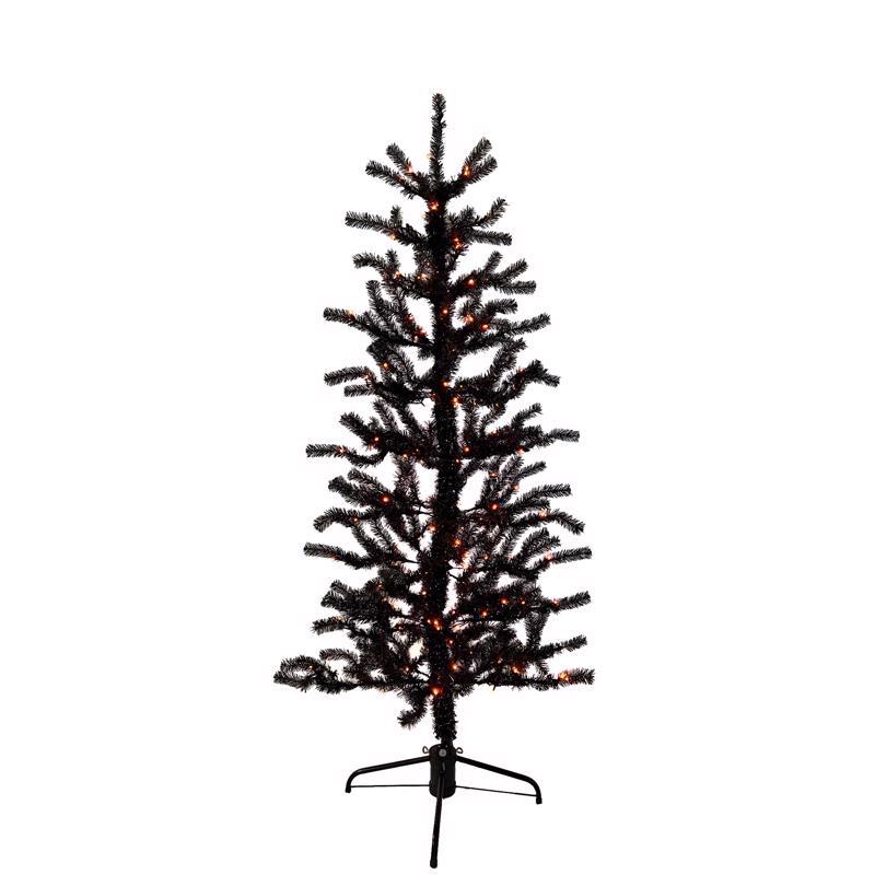 Black artificial Christmas tree with lights on a white background