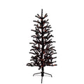 Black artificial Christmas tree with lights on a white background