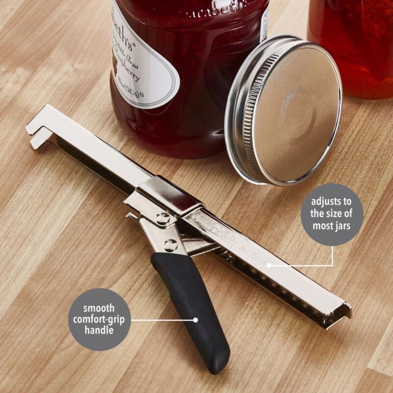 Jar opener on a wooden surface with jars in the background highlighting product features