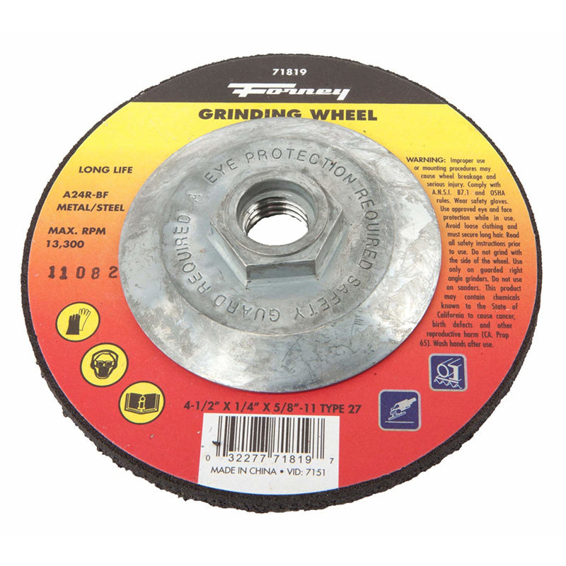 Forney Grinding Wheel, Metal Type 27, 4-1/2" x 1/4" X 5/8-11  71819-1