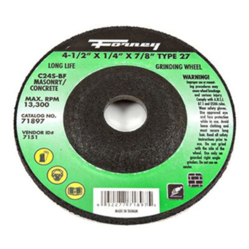 Forney Grinding Wheel, Masonry, Type 27, 4-1/2" X 1/4" X 7/8" 71897-3