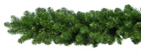 Green artificial pine garland with dense, realistic needles, shown horizontally against a plain white background.