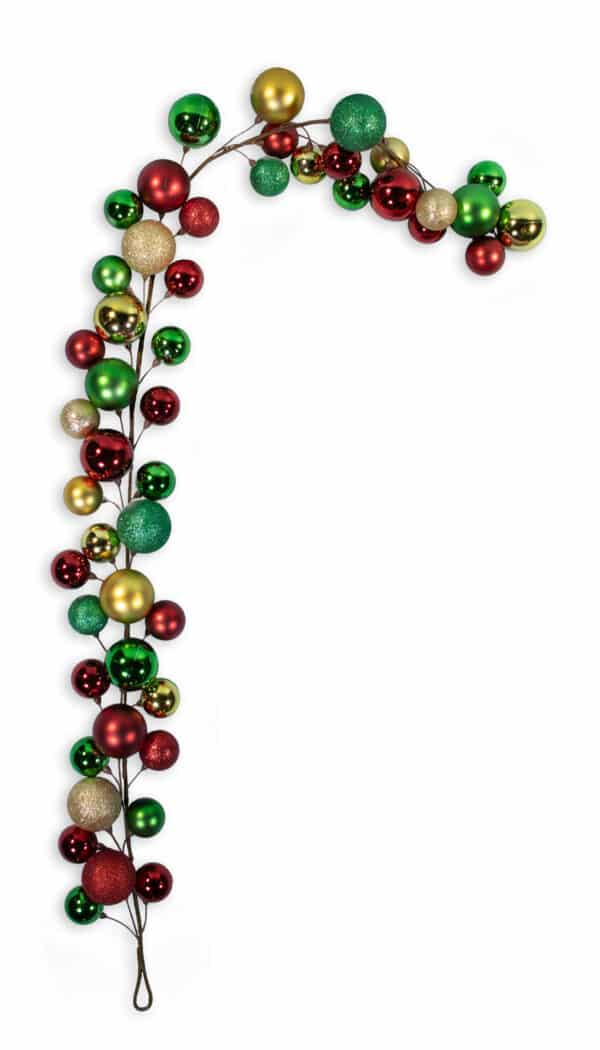 A festive Christmas garland featuring glossy red, green, and metallic gold spherical ornaments on thin brown wire stems, isolated on a white background.
