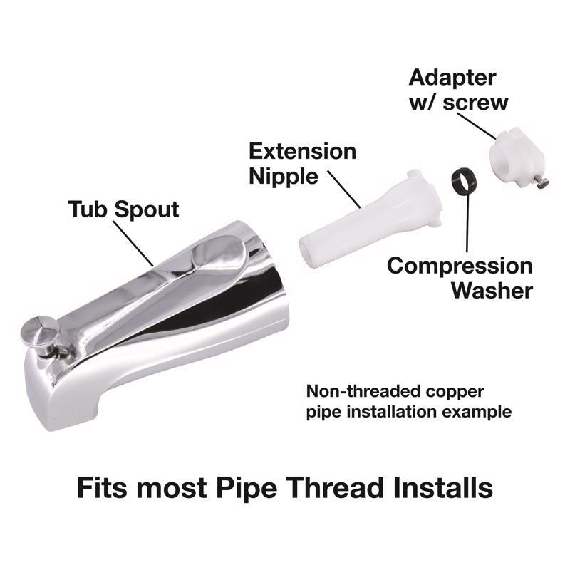 Diagram of a tub spout assembly with labeled parts on a white background