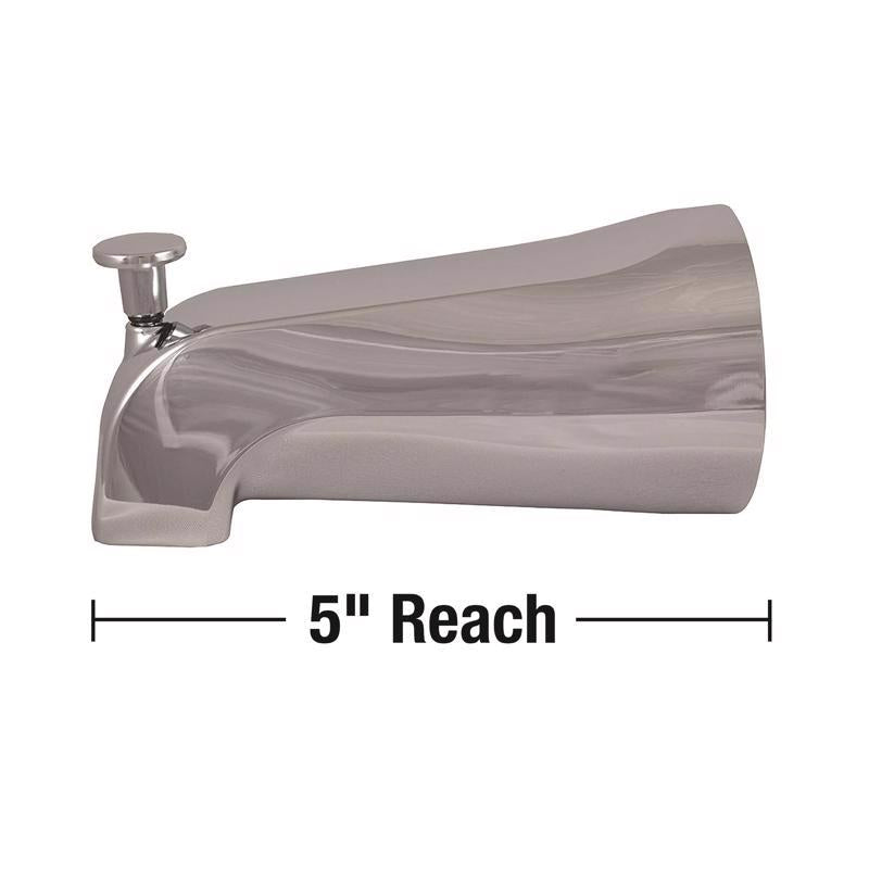 Metallic faucet handle with a measurement label indicating '5" Reach' on a white background