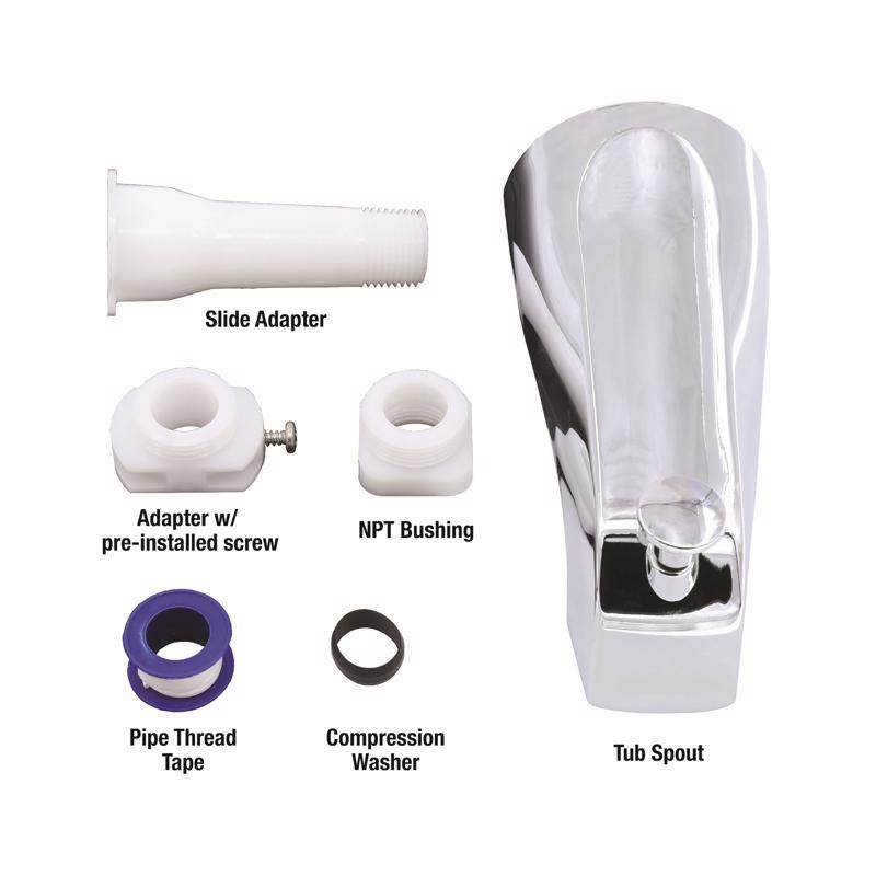 Tub spout and its components labeled on a white background