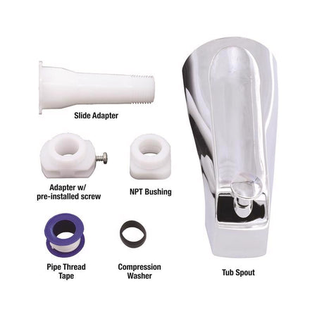 Tub spout and its components labeled on a white background