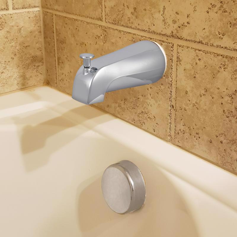 Chrome bathtub faucet and handle on a tiled bathroom wall.
