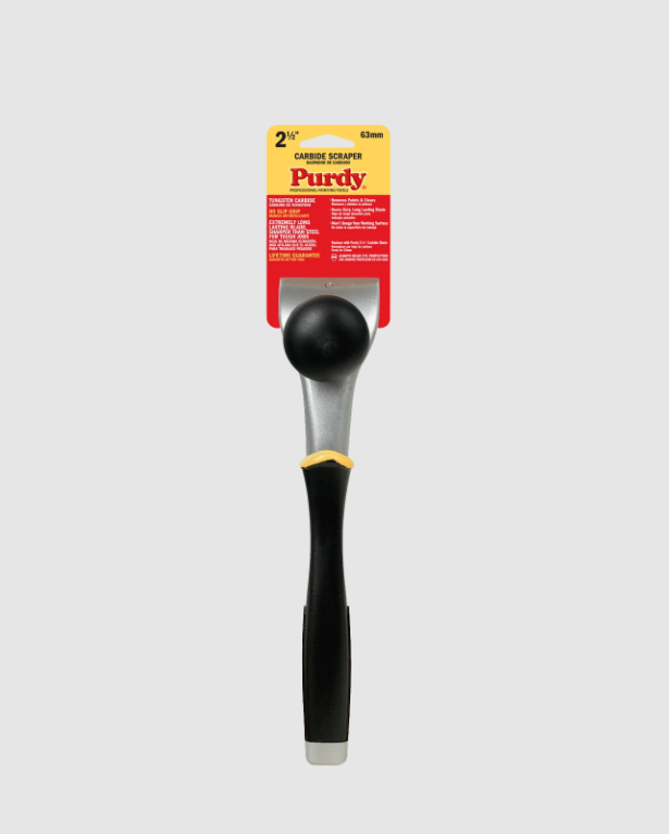 The image shows the Purdy Premium 2" Carbide Scraper with Hammerhead 900220. The black handle is ergonomically designed with a rubberized grip for comfort. 