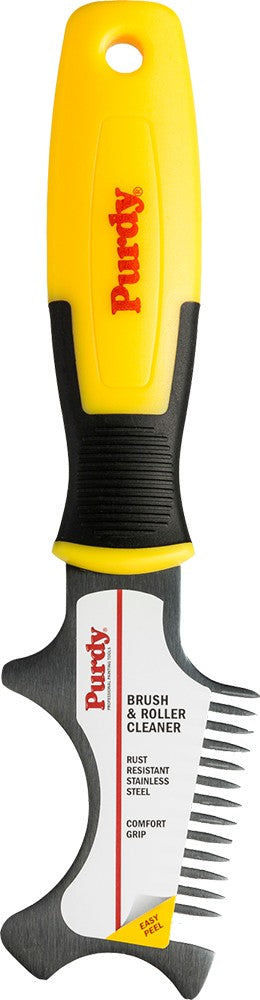Purdy brush and roller cleaner tool with yellow and black design on a white background