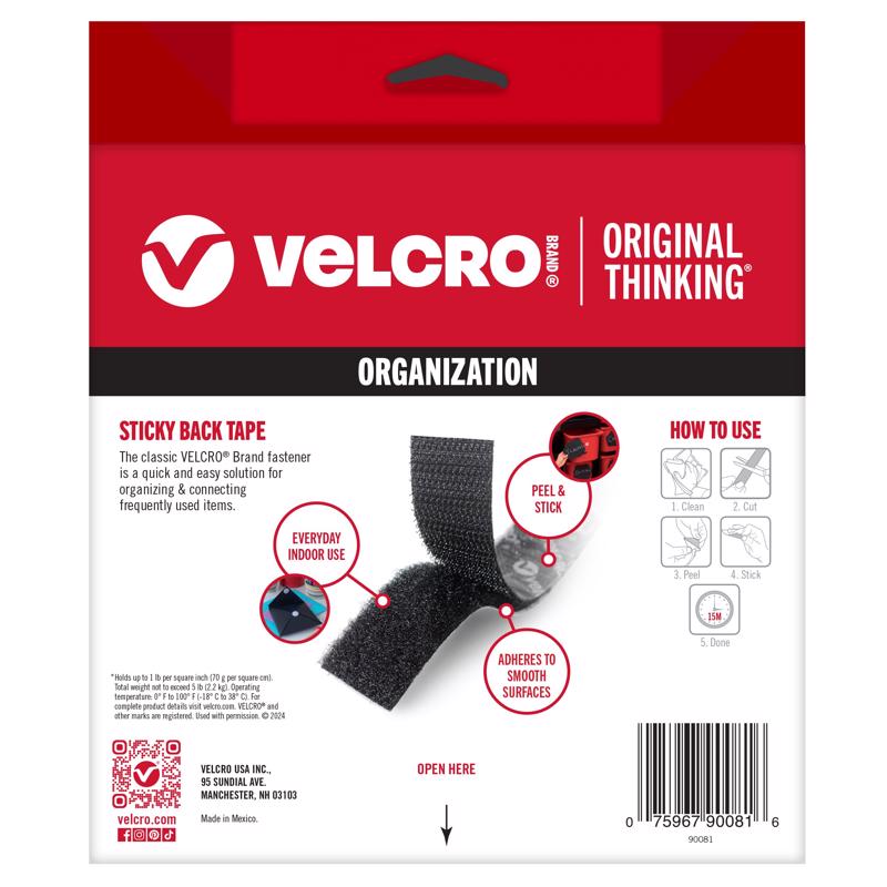Velcro 3/4" X 15' Sticky Back™ Tape back of package label and product features on a white background