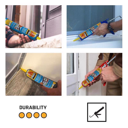 Collage of a person using a caulk gun to seal gaps around a door and window with Sikaflex Construction Sealant