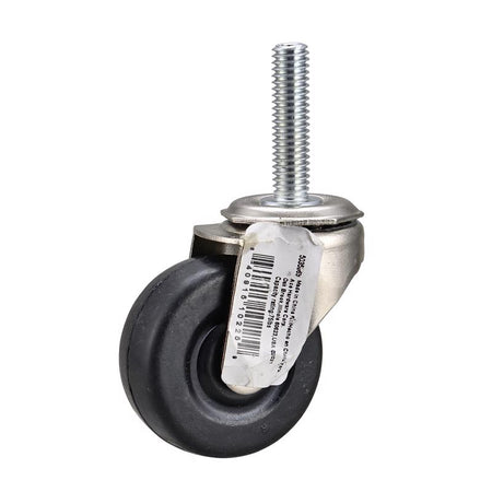 Caster wheel with a black rubber tire and metal screw on a white background