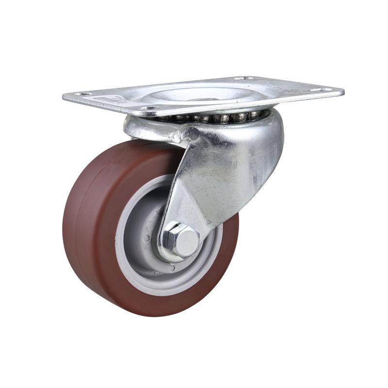 Swivel caster wheel with brown rubber tire and metal bracket on a white background