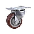 Caster wheel with brown rubber tire and metal plate on a white background
