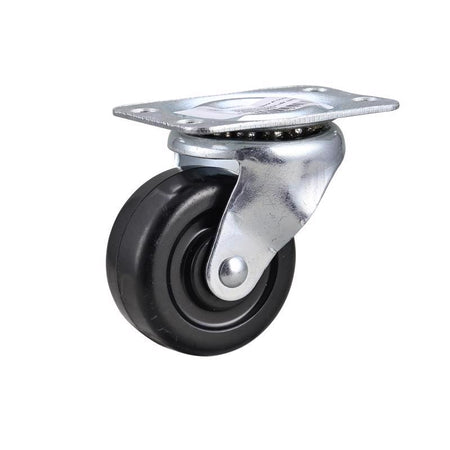 Black caster wheel with metal plate on a white background