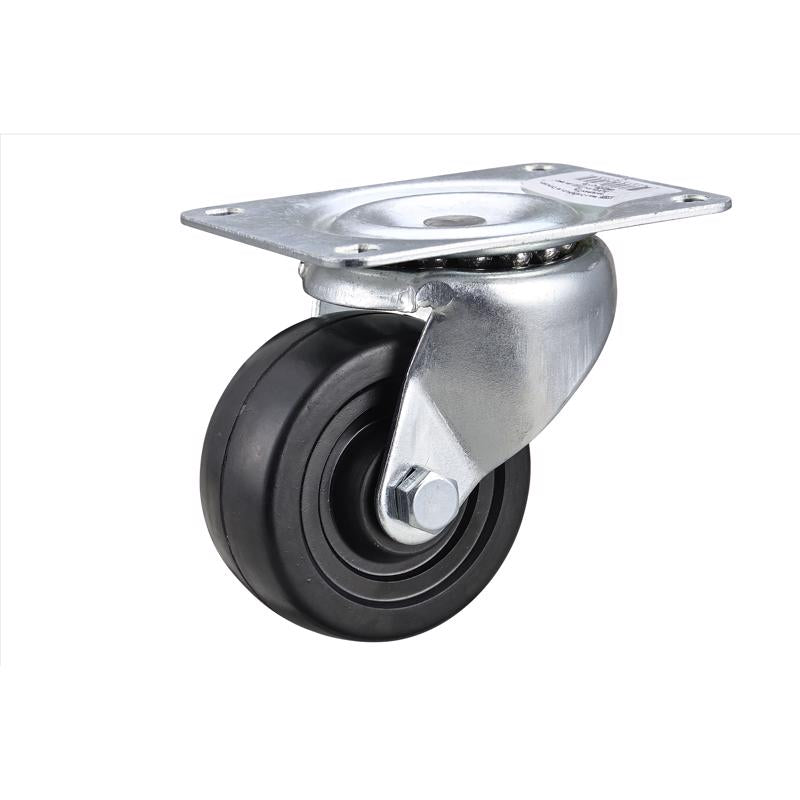 Swivel caster wheel with a black rubber tire and metal bracket on a white background