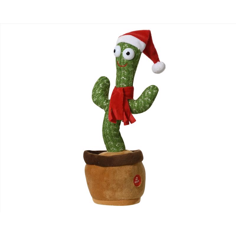 A green cactus-shaped plush toy with a smiling face, wearing a red Santa hat and red scarf, standing in a brown pot against a plain white background.