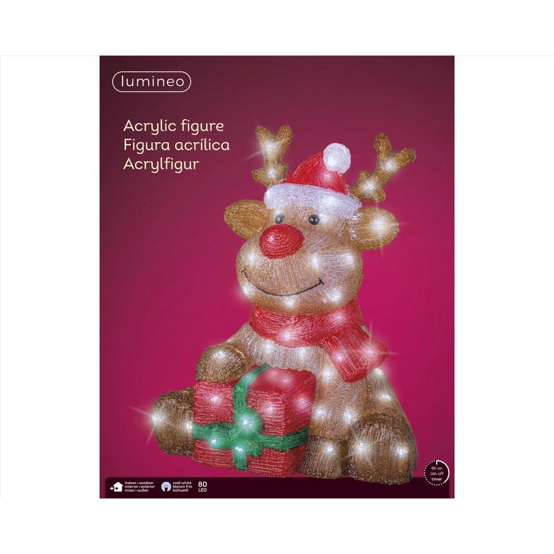 Decorative reindeer figure with lights on a pink background, branded 'lumineo'.