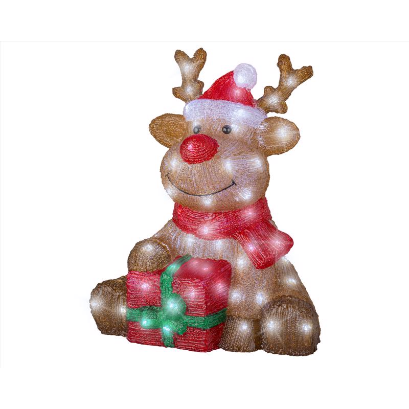 Decorative reindeer figure with a red scarf and gift on a white background
