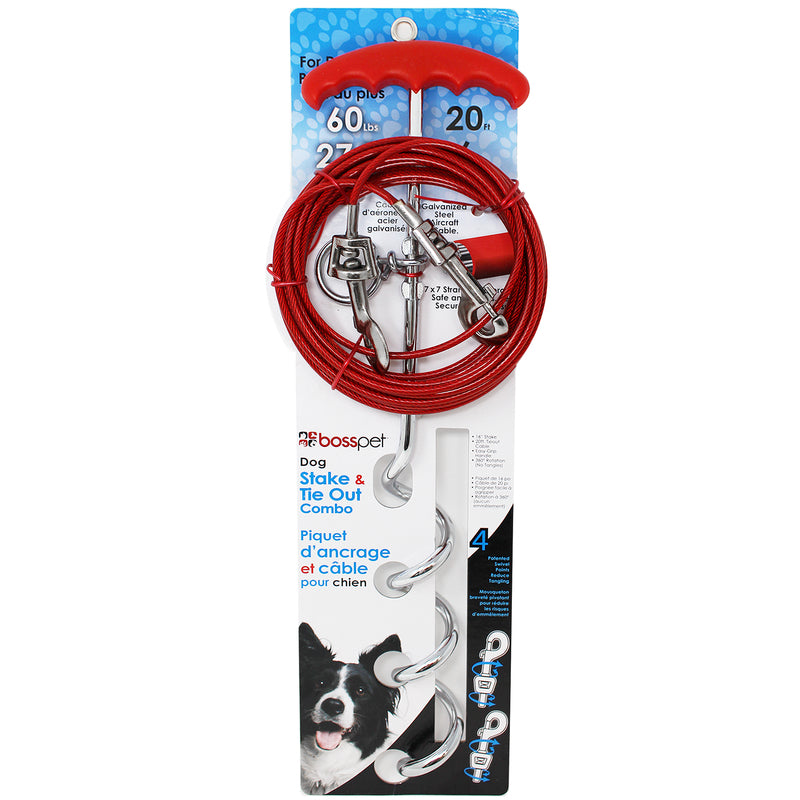 Dog stake and tie-out combo with red cable on packaging