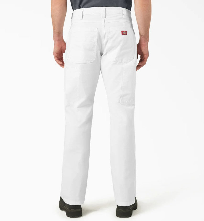 Back view of Dickies White Double Knee Relaxed Fit Painter's Pants worn by a person on a white background