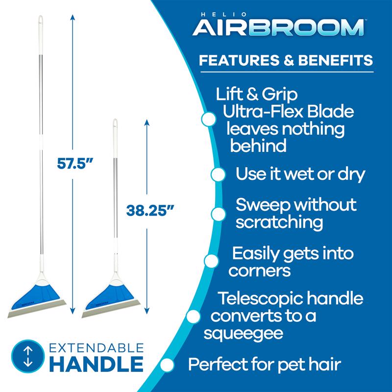 Helio Airbroom AIRBRM squeegee with features and benefits listed on a blue and white background