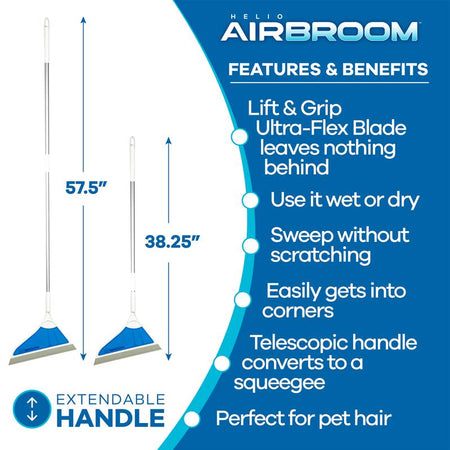 Helio Airbroom AIRBRM squeegee with features and benefits listed on a blue and white background