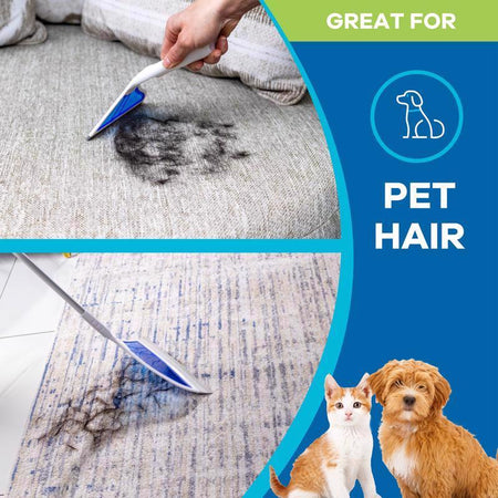 Helio Airbroom AIRBRM removing pet hair from a carpet with text 'Great for Pet Hair' and images of a cat and dog.