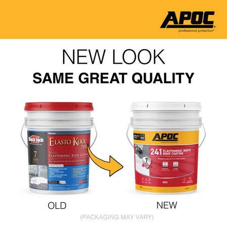 Comparison of old and new APOC paint can packaging with text 'New Look Same Great Quality'.