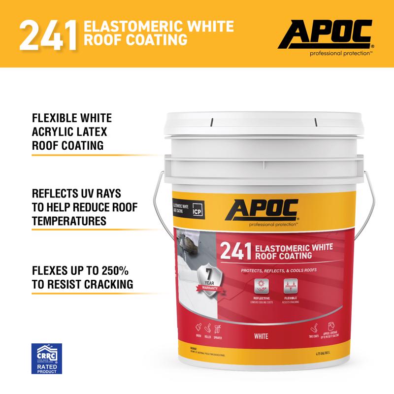 APOC 241 Elastomeric White Roof Coating container with product details on a yellow background