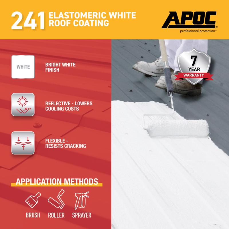 Advertisement for APOC 241 Elastomeric White Roof Coating with product features and application methods.