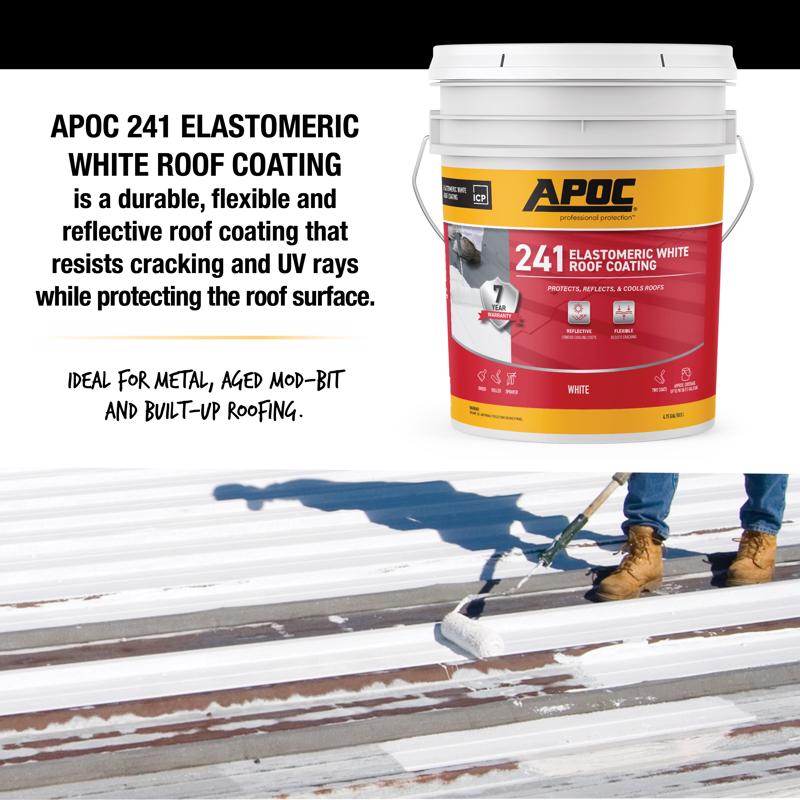 APOC 241 Elastomeric White Roof Coating bucket with text about the product on a white background.