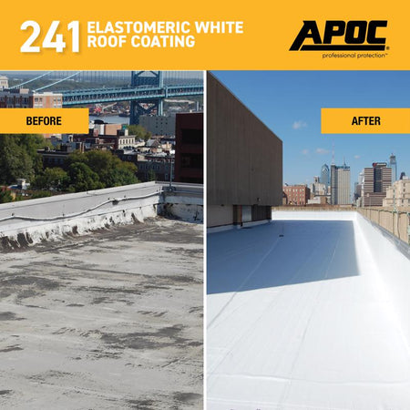 Comparison of a roof before and after applying APOC 241 Elastomeric White Roof Coating.