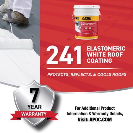 Advertisement for APOC 241 Elastomeric White Roof Coating with a bucket and person applying the coating.