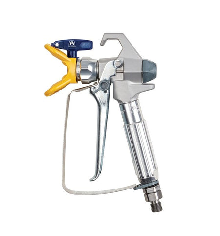 Airlessco 17N201 paint sprayer with a silver metal body, yellow trigger, and blue adjustment knob, shown against a plain white background.