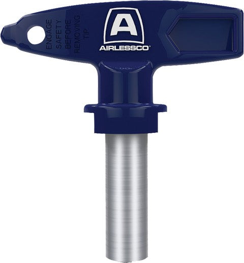 An Airlessco reversible spray tip with a dark blue T-shaped handle and a brushed silver metal shaft, shown against a plain white background.